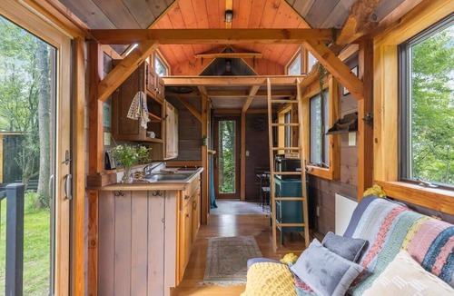 Johnson House | Caboose Tiny Home on river with hot tub near Stowe