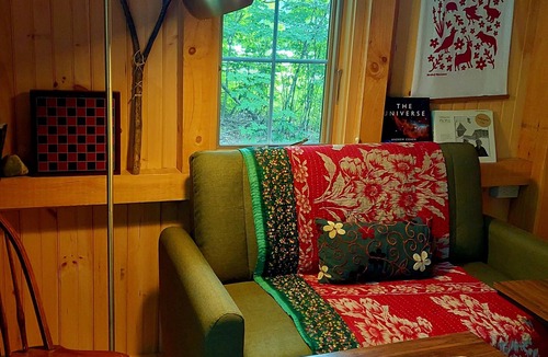 Craftsbury Cabin | Northwoods Guest Cabin and firepit & porch overlooking private woods and stream
