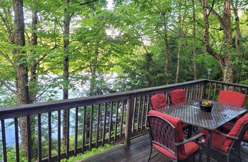 Grantham Cabin | Waterfront Cabin- look down on water from deck, private docks & fire pit